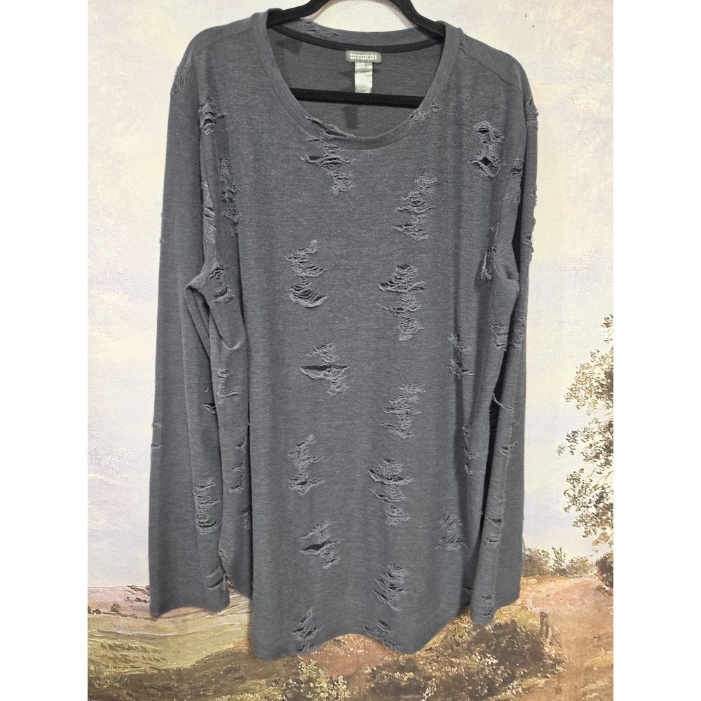 Goth Divided Distressed Shredded Long Sleeve Top Dark Grey Charcoal Sz XL